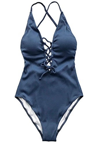 CUPSHE Women's Solid Color V Neck Lace Up One Piece Swimsuit, Blue, XL