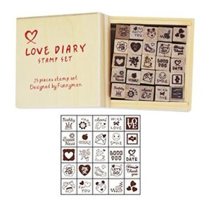 wooden rubber stamps,youkwer 25 pcs mini cute diy diary stamps set with wooden box （25pcs，love diary）