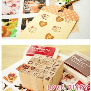 Wooden Rubber Stamps,Youkwer 25 Pcs Mini Cute DIY Diary Stamps Set with Wooden Box （25PCS，Love Diary）
