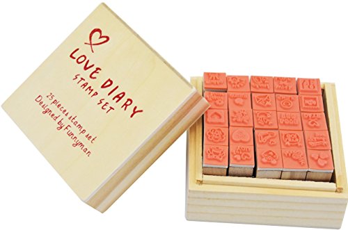 Wooden Rubber Stamps,Youkwer 25 Pcs Mini Cute DIY Diary Stamps Set with Wooden Box （25PCS，Love Diary）