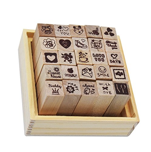 Wooden Rubber Stamps,Youkwer 25 Pcs Mini Cute DIY Diary Stamps Set with Wooden Box （25PCS，Love Diary）