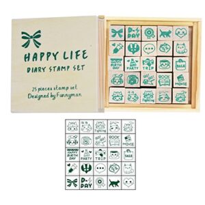 wooden rubber stamps，youkwer 25 pcs mini cute diy diary stamps set with wooden box （happy life,set of 25）