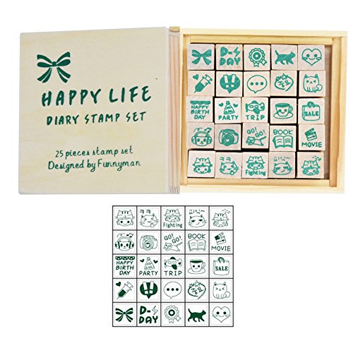 Wooden Rubber Stamps，Youkwer 25 Pcs Mini Cute DIY Diary Stamps Set with Wooden Box （Happy Life,Set of 25）