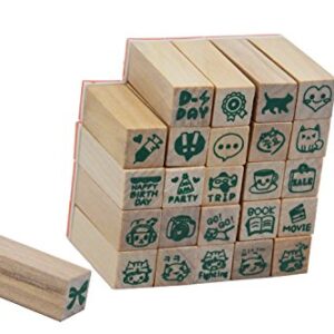 Wooden Rubber Stamps，Youkwer 25 Pcs Mini Cute DIY Diary Stamps Set with Wooden Box （Happy Life,Set of 25）