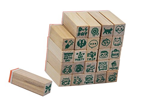 Wooden Rubber Stamps，Youkwer 25 Pcs Mini Cute DIY Diary Stamps Set with Wooden Box （Happy Life,Set of 25）