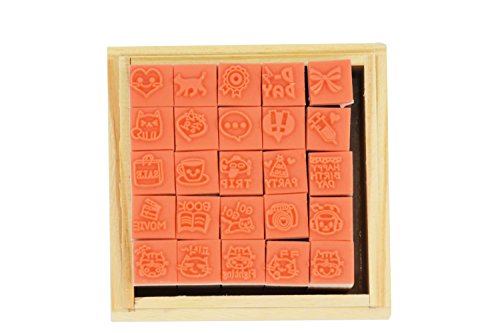 Wooden Rubber Stamps，Youkwer 25 Pcs Mini Cute DIY Diary Stamps Set with Wooden Box （Happy Life,Set of 25）