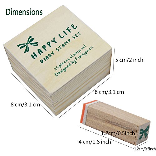 Wooden Rubber Stamps，Youkwer 25 Pcs Mini Cute DIY Diary Stamps Set with Wooden Box （Happy Life,Set of 25）