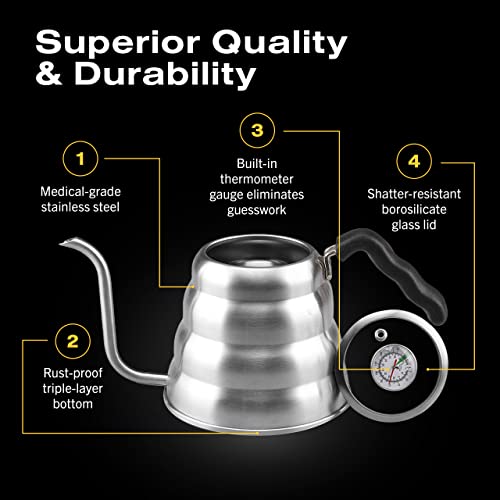 Bean Envy Pour Over Coffee Kettle - 40 oz, Stainless Steel, Gooseneck Coffee and Tea Kettle with Thermometer and Ergonomic Handle