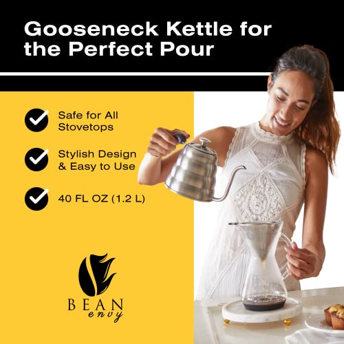 Bean Envy Pour Over Coffee Kettle - 40 oz, Stainless Steel, Gooseneck Coffee and Tea Kettle with Thermometer and Ergonomic Handle