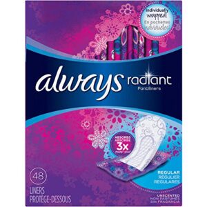 Always Radiant Pantyliners, Regular, Unscented, 48 Count, 2 Pack. (Includes 96 Pantiliners Total.)