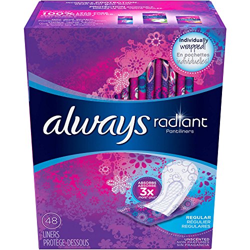 Always Radiant Pantyliners, Regular, Unscented, 48 Count, 2 Pack. (Includes 96 Pantiliners Total.)