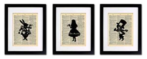 alice in wonderland tea party - 3 print set - vintage dictionary print 8x10 home vintage art abstract prints wall art for home decor wall decorations for living room bedroom office ready-to-frame 3