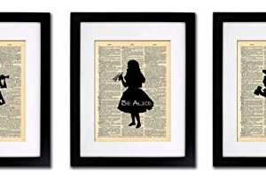 Alice in Wonderland Tea Party - 3 Print Set - Vintage Dictionary Print 8x10 Home Vintage Art Abstract Prints Wall Art for Home Decor Wall Decorations For Living Room Bedroom Office Ready-to-Frame 3