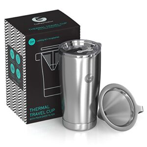 coffee gator coffee travel mug - 20 oz stainless-steel, vacuum insulated tea and coffee tumbler for women and men with leakproof lid & paperless dripper, silver