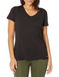 amazon essentials women's tech stretch short-sleeve v-neck t-shirt (available in plus size), pack of 2, black, medium
