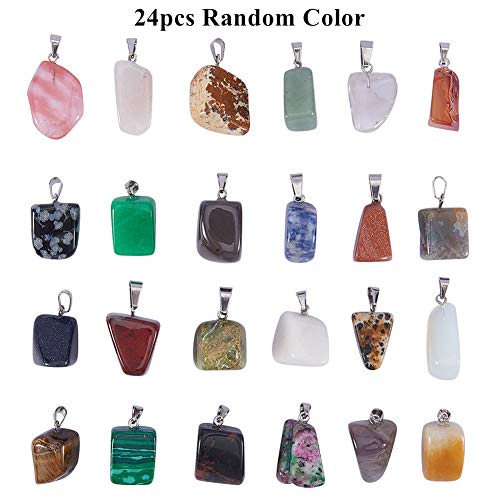 SUNNYCLUE 48pcs Crystal Stone Charms Kit Irregular Shape Gemstone Chakra Beads Charms 12pcs Imitation Leather Cord Necklace & 12pcs Cross Chains & Velvet Pouches for Necklace Jewelry Making