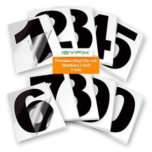 isyfix black vinyl numbers stickers – 2 inch self adhesive (2 sets)- premium decal die cut and pre-spaced for mailbox, signs, window, door, cars, trucks, homes, businesses, address numbers, indoor or outdoor