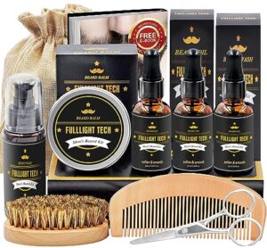 fulllight tech beard kit for men grooming & care w/beard wash/shampoo,3 packs beard oil,beard balm leave-in conditioner,beard comb,beard brush,beard scissor,beard grooming kit gifts for men husband