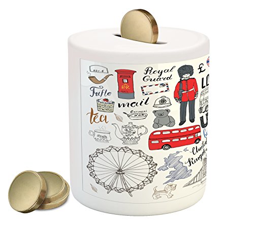 Ambesonne Hipster Piggy Bank, I Love London Double Decker Bus Telephone Booth Cab Crown of United Kingdom Big Ben, Ceramic Coin Bank Money Box for Cash Saving, 3.6" X 3.2", Red Blue