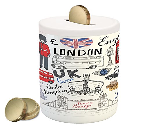 Ambesonne Hipster Piggy Bank, I Love London Double Decker Bus Telephone Booth Cab Crown of United Kingdom Big Ben, Ceramic Coin Bank Money Box for Cash Saving, 3.6" X 3.2", Red Blue