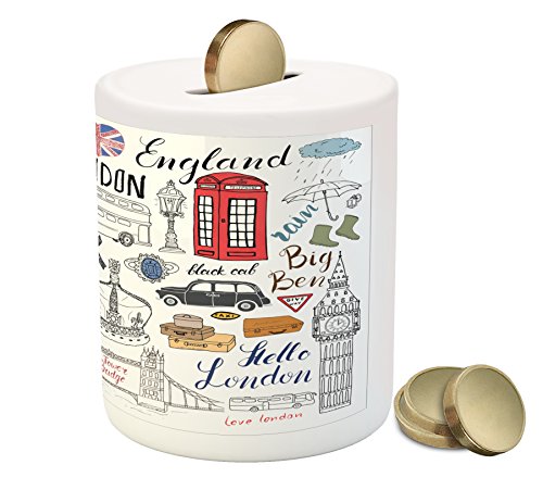 Ambesonne Hipster Piggy Bank, I Love London Double Decker Bus Telephone Booth Cab Crown of United Kingdom Big Ben, Ceramic Coin Bank Money Box for Cash Saving, 3.6" X 3.2", Red Blue