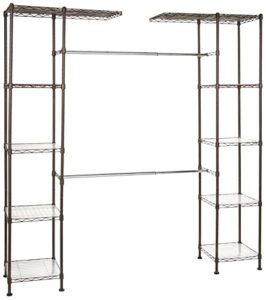amazon basics expandable metal hanging storage organizer rack wardrobe with shelves, 57''-80''l x 14''wx72''h, bronze