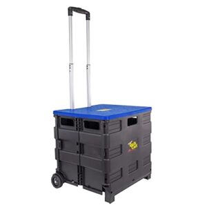 dbest products quik cart collapsible rolling crate on wheels for teachers tote basket, 80 lbs capacity, blue lid made from heavy duty plastic and used as a seat