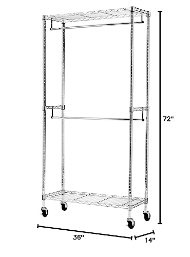 Amazon Basics Adjustable, Double Hanging Rod Garment Rolling Closet Organizer Rack - Chrome, 72 inches