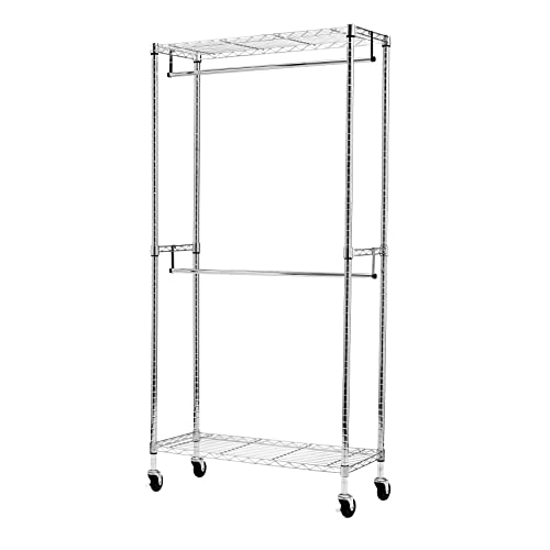 Amazon Basics Adjustable, Double Hanging Rod Garment Rolling Closet Organizer Rack - Chrome, 72 inches