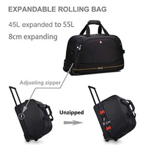 OIWAS Small Rolling Duffle Bag with Wheels 22 inch Travel Bag with Wheels Tote Short Term Overnight Trips Expandable 45L to 55L Carry On Luggage Women Men Black