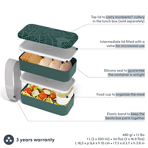 monbento - Bento Box MB Original Jungle with Compartments - 2 Tier Leakproof Lunch Box for Work and Meal Prep - BPA Free - Food Grade Safe - Nature Pattern - Green