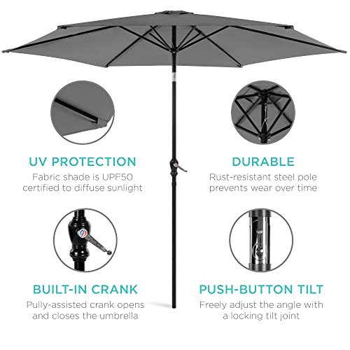 Best Choice Products 10ft Outdoor Steel Polyester Market Patio Umbrella w/Crank, Easy Push Button, Tilt, Table Compatible - Gray