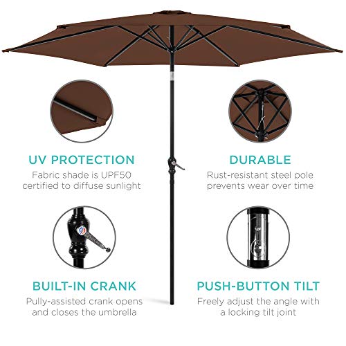 Best Choice Products 10ft Outdoor Steel Polyester Market Patio Umbrella w/Crank, Easy Push Button, Tilt, Table Compatible - Brown