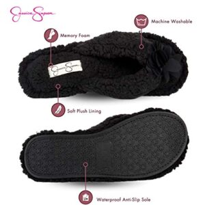 Jessica Simpson womens Fluffy Plush Slide-on Sandal House With Memory Foam Slipper, Black Rosette, Medium US