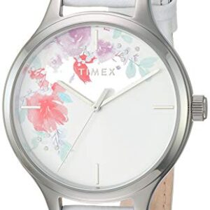 Timex Women's Crystal Bloom 36mm Watch – White Floral Crystal Accent Dial Silver-Tone Case with White Leather Strap