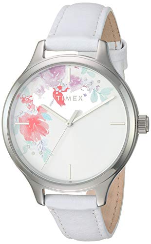 Timex Women's Crystal Bloom 36mm Watch – White Floral Crystal Accent Dial Silver-Tone Case with White Leather Strap