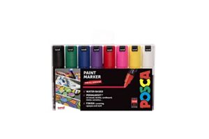 posca pc-7m permanent marker paint pens. broad bullet tip for art & crafts. multi surface use on wood metal paper canvas cardboard glass fabric ceramic rock pebble stone porcelain. set of 8 colours