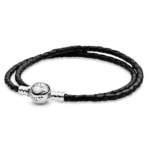 pandora jewelry black leather charm sterling silver bracelet, 15.0", no box