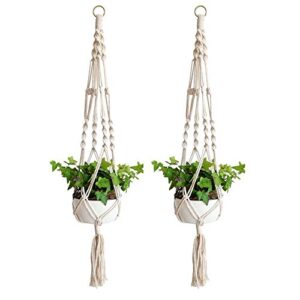 wiwaplex macrame plant hanger, 2 pack plant hanger, cotton rope plant hangers indoor outdoor, 4 legs plant hanger brackets, flower pot hanging plant holder for home decorations (white) (40 inch)
