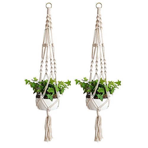 Wiwaplex Macrame Plant Hanger, 2 Pack Plant Hanger, Cotton Rope Plant Hangers Indoor Outdoor, 4 Legs Plant Hanger Brackets, Flower Pot Hanging Plant Holder for Home Decorations (White) (40 Inch)