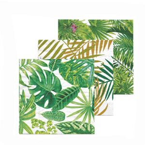the palm leaf napkins, 3 packs of 20, 3 ply paper, luncheon size 6 3/4 x 6 3/4 inches, 3 vibrant patterns: palms and leaves, palm fronds and green leaf and purple blossoms