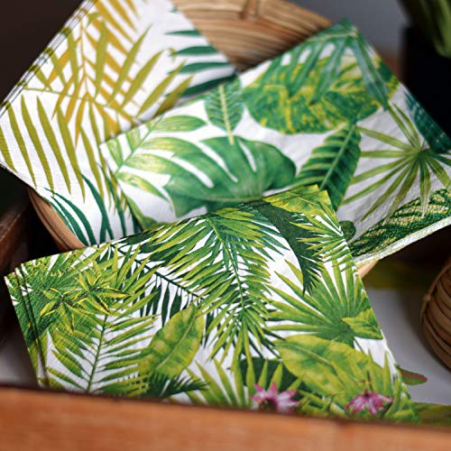 The Palm Leaf Napkins, 3 Packs of 20, 3 Ply Paper, Luncheon Size 6 3/4 x 6 3/4 Inches, 3 Vibrant Patterns: Palms and Leaves, Palm Fronds and Green Leaf and Purple Blossoms