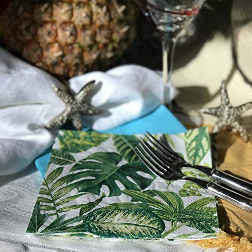 The Palm Leaf Napkins, 3 Packs of 20, 3 Ply Paper, Luncheon Size 6 3/4 x 6 3/4 Inches, 3 Vibrant Patterns: Palms and Leaves, Palm Fronds and Green Leaf and Purple Blossoms