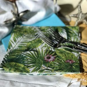 The Palm Leaf Napkins, 3 Packs of 20, 3 Ply Paper, Luncheon Size 6 3/4 x 6 3/4 Inches, 3 Vibrant Patterns: Palms and Leaves, Palm Fronds and Green Leaf and Purple Blossoms