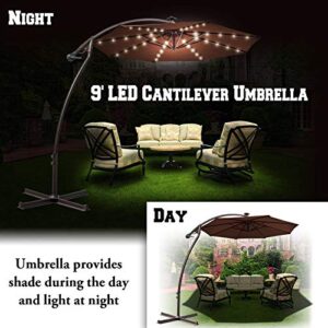 Strong Camel 9' Cantilever 40 Led Light Patio Umbrella Outdoor Garden Aluminium Market (Brown)