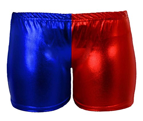 GirlzWalk Girls Kids Metallic Shiny Hot Pant Shorts Stretchy Wet Look Pants Ages from 5 to 13 Years Old (Blue and Red, 7-8 Years Old)