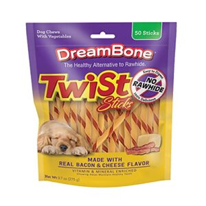 dreambone twist sticks with real bacon and cheese flavor 50 count, rawhide-free chews for dogs