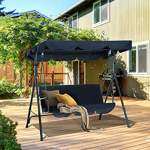 Outsunny 3-Seat Outdoor Patio Swing Chair with Removable Cushion, Steel Frame Stand and Adjustable Tilt Canopy for Patio, Garden, Poolside, Balcony, Backyard, Black