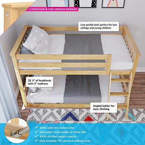 Max & Lily Low Bunk Bed, Twin-Over-Twin Wood Bed Frame For Kids, Natural