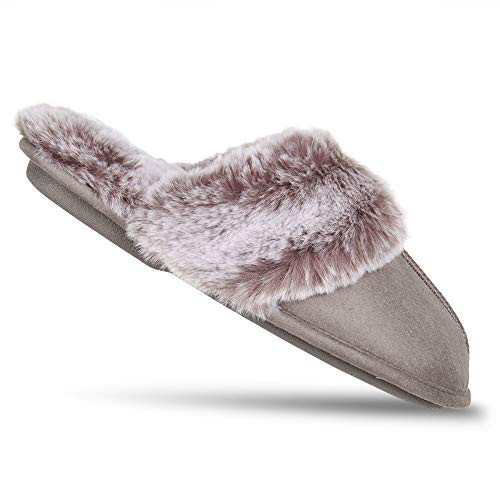 Jessica Simpson Women's Comfy Faux Fur House Slipper Scuff Memory Foam Slip on Anti-Skid Sole, Grey, Small